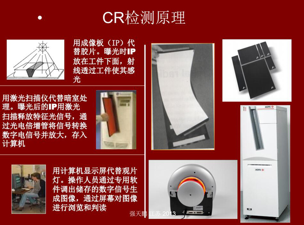 CR检测原理：用成像板代替胶片，曝光时成像片放在工件下面，射线透过工件使其感光；曝光后的成像板用激光扫描释放特征光信号，通过光电转换存入计算机