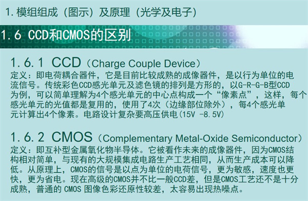 内窥镜成像模组CCD和CMOS的区别：CCD（Charge Couple Device） 定义：即电荷耦合器件，它是目前比较成熟的成像器件，是以行为单位的电 流信号。传统彩色CCD感光单元及滤色镜的排列是方形的，以G-R-G-B型CCD 为例，可以简单理解为4个感光单元的中心点构成一个“像素点”，这样，每个 感光单元的光值都是复用的，使用了4次（边缘部位除外），每4个感光单 元计算出4个像素。电路设计复杂要高压供电(15V -8.5V)  CMOS（Complementary Metal-Oxide Semiconductor） 定义：即互补型金属氧化物半导体。它被看作未来的成像器件，因为CMOS结 构相对简单，与现有的大规模集成电路生产工艺相同，从而生产成本可以降 低。从原理上，CMOS的信号是以点为单位的电荷信号，更为敏感，速度也更 快，更为省电。现在高级的CMOS并不比一般CCD差，但是CMOS工艺还不是十分 成熟，普通的 CMOS 图像色彩还原性较差，太容易出现热噪点。