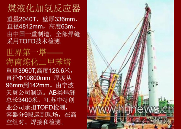 TOFD检测应用案例：海南炼化二甲苯塔---世界第一塔，高126.6米，重量3960T，容器分9段运行到现场，在高空组对、焊接和检测